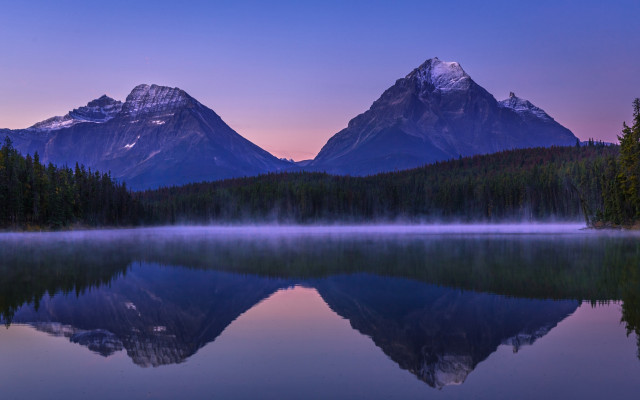 Mountain lake reflection sunset misty free wallpaper - medium preview image