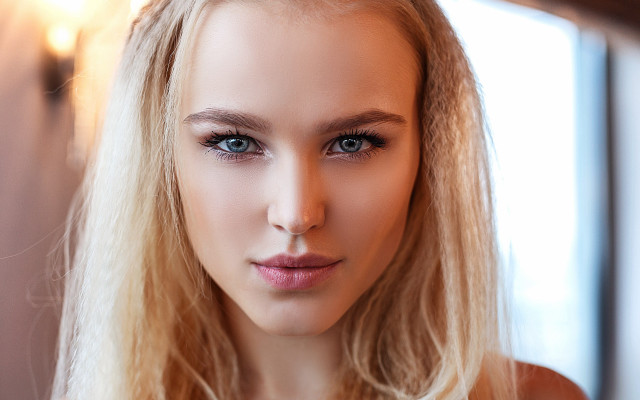 Blonde woman blue eyes window #2 free wallpaper - medium preview image
