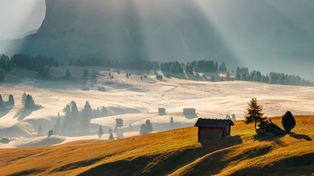 Mountain house trees sunset river free wallpaper - medium preview image