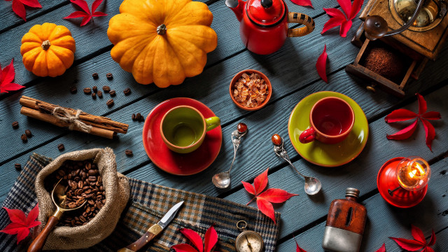 Coffee cups spoons seeds candle free wallpaper - medium preview image