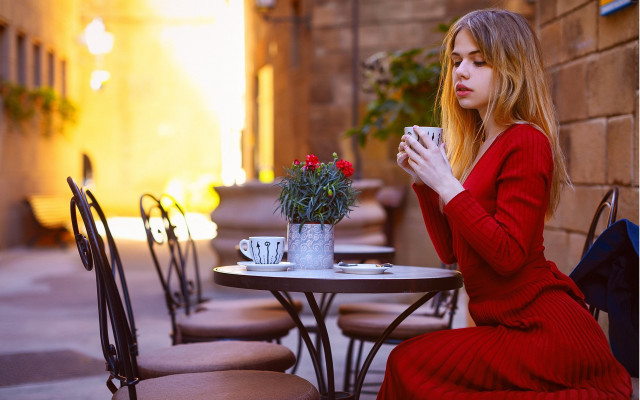 Blonde woman coffee plant aesthetic free wallpaper - medium preview image