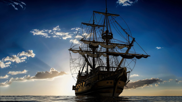 Sailing ship ocean sunset clouds free wallpaper - medium preview image