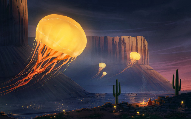Jellyfish ocean night fullmoon fantasy free wallpaper - medium preview image