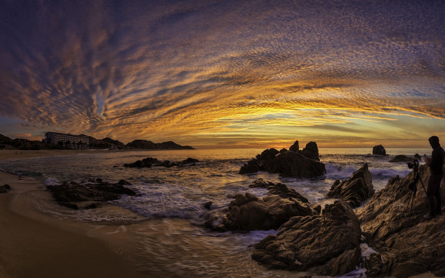 Ocean sunset rock person colorful free wallpaper - medium preview image