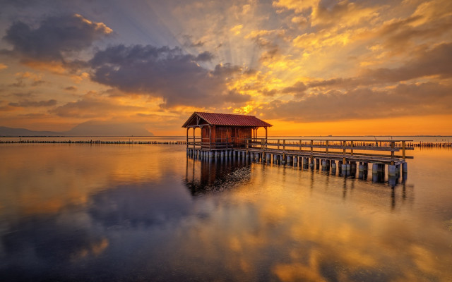 Wooden dock house sunset clouds free wallpaper - medium preview image