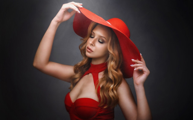 Woman red dress hat posing #3 free wallpaper - medium preview image