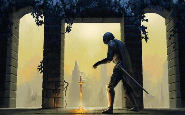 Man suit sword doorway yellow free wallpaper - medium preview image