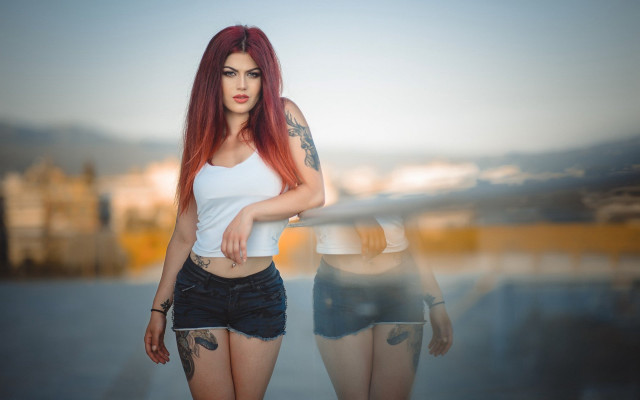 Red hair tattoos beach portrait free wallpaper for desktop - medium preview image