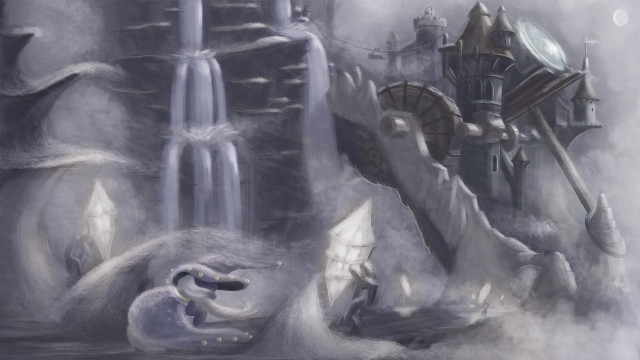 Waterfall castle dog foreground background free wallpaper for desktop - medium preview image