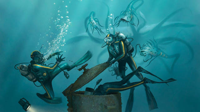 Scuba divers large fish underwater free wallpaper - medium preview image