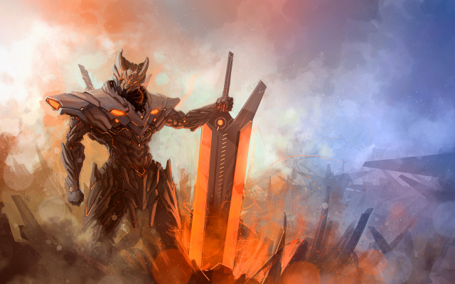 Giant robot fire smoke sword free wallpaper - medium preview image