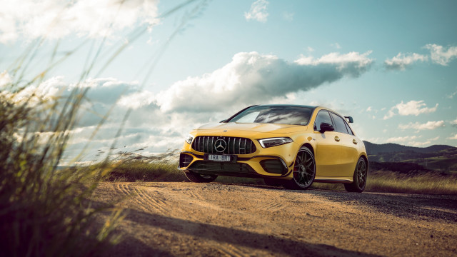 Yellow mercedes amg cla desert free wallpaper - medium preview image