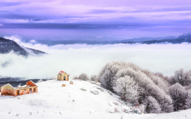 Snowy mountain house clouds trees free wallpaper - medium preview image