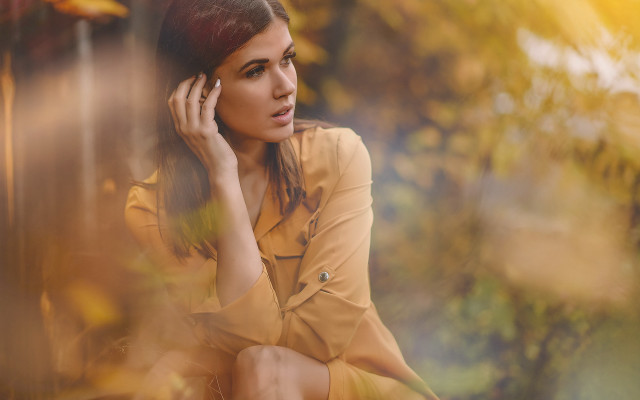 Woman yellow dress bench autumn free wallpaper - medium preview image