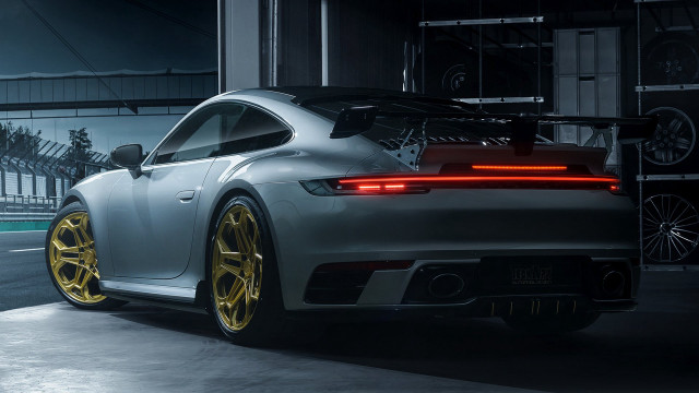 Grey car yellow wheels garage free wallpaper - medium preview image