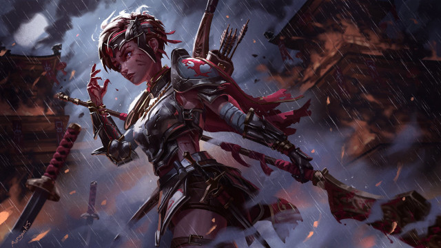 Woman armor sword rain blood #2 free wallpaper - medium preview image