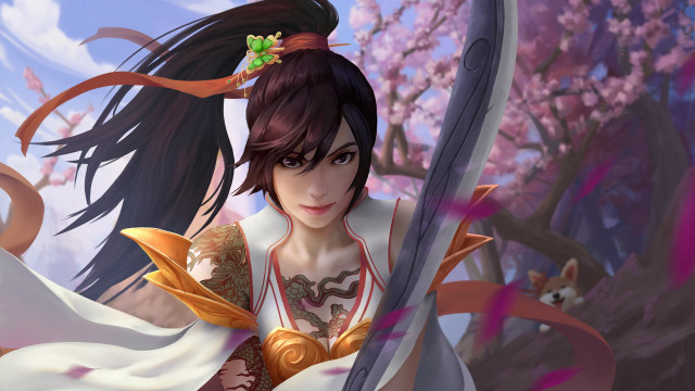 Woman sword flower white dress free wallpaper - medium preview image