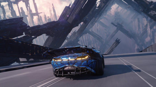 Futuristic car cityscape ruins science free wallpaper - medium preview image