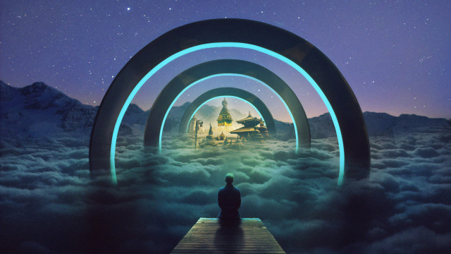 Docked man clouds castle retrofuturism free wallpaper - medium preview image