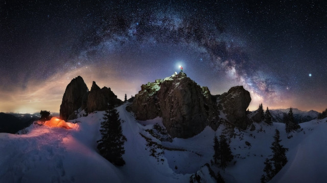 Mountain starry sky lighthouse night free wallpaper - medium preview image