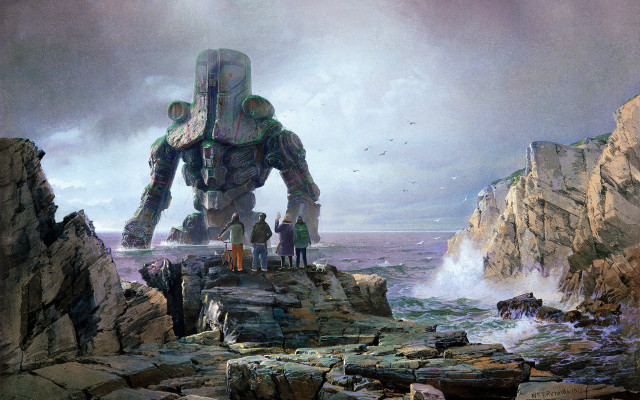 Giant robot cliff ocean people free wallpaper - medium preview image