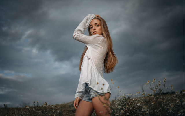 Woman long hair flower field #2 free wallpaper - medium preview image