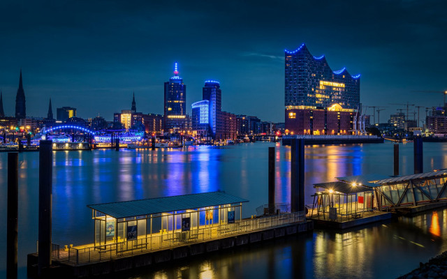 City skyline dock lit buildings free wallpaper - medium preview image