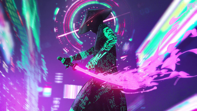 Neon sword cyberpunk city glowing free wallpaper - medium preview image
