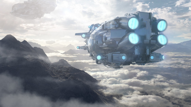 Futuristic flying object mountain range free wallpaper - medium preview image
