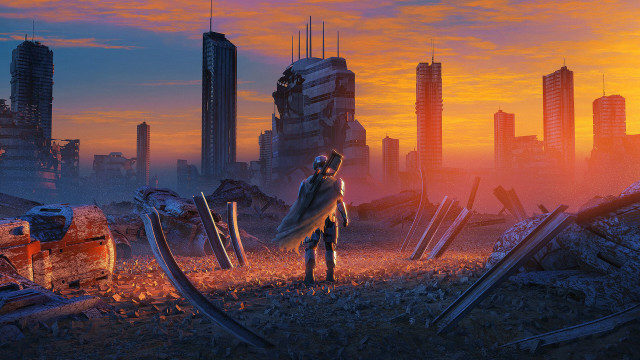 Destroyed city surfboard sunset retrofuturism free wallpaper - medium preview image