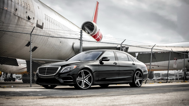 Black mercedes plane runway cloudy free wallpaper - medium preview image