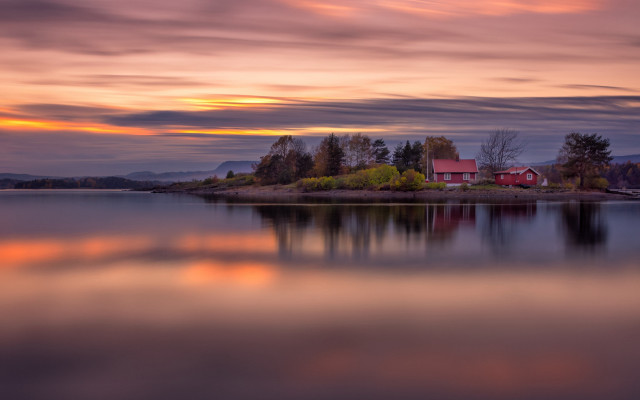 Island house lake sunset mystical free wallpaper - medium preview image