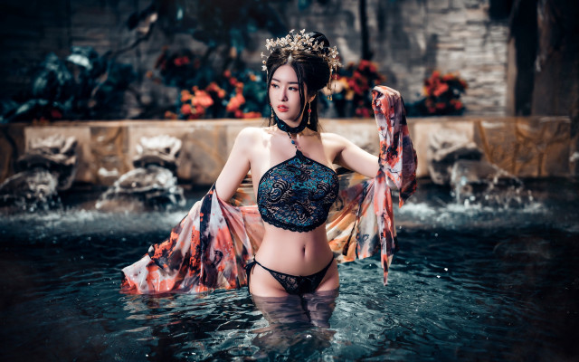 Woman bikini pool crown jewelry free wallpaper - medium preview image