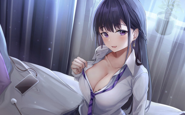 Woman white shirt tie cellphone free wallpaper - medium preview image
