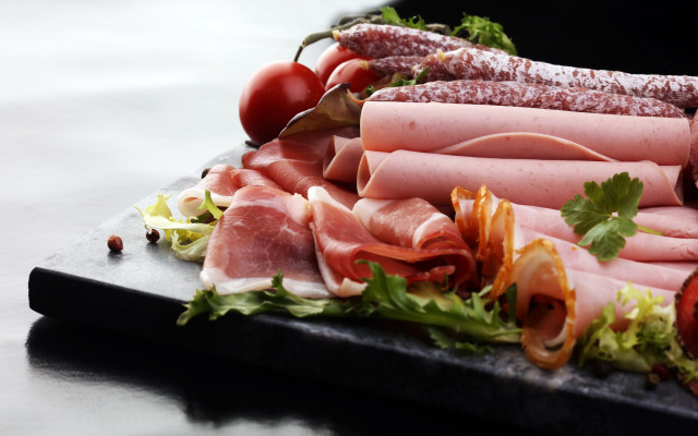 Meats vegetables cherry plate food free wallpaper - medium preview image