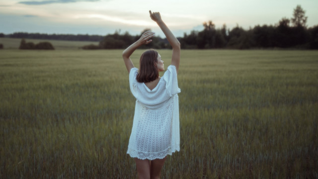 Woman white dress field arms free wallpaper for desktop - medium preview image