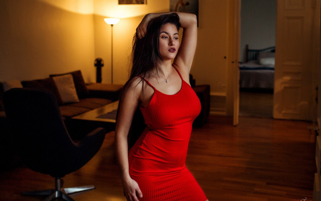 Red dress blonde woman living free wallpaper - medium preview image