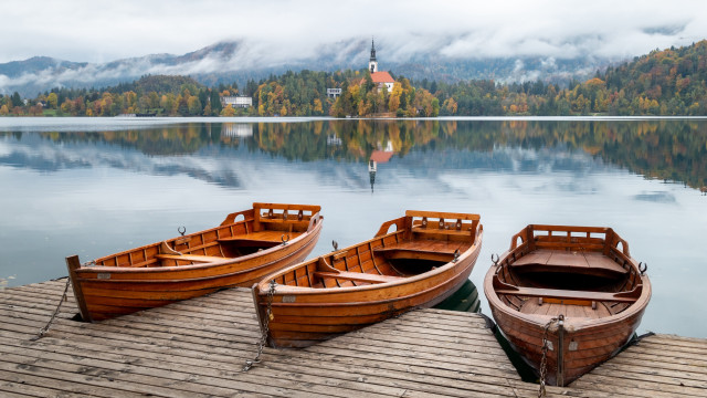Wooden boats lake church foggy free wallpaper - medium preview image