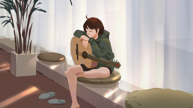 Woman sitting guitar indoor plant free wallpaper - medium preview image