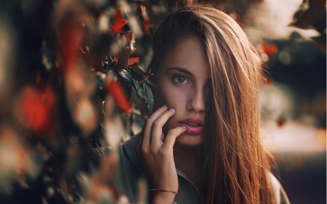 Red haired woman portrait bokeh free wallpaper - medium preview image