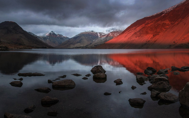 Mountain lake rocks boulders cloudy free wallpaper - medium preview image