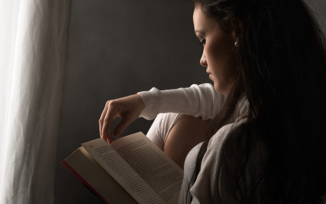 Woman reading chair window curtain free wallpaper - medium preview image