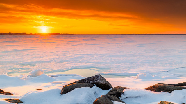 Sunset water rocks snow ice free wallpaper - medium preview image