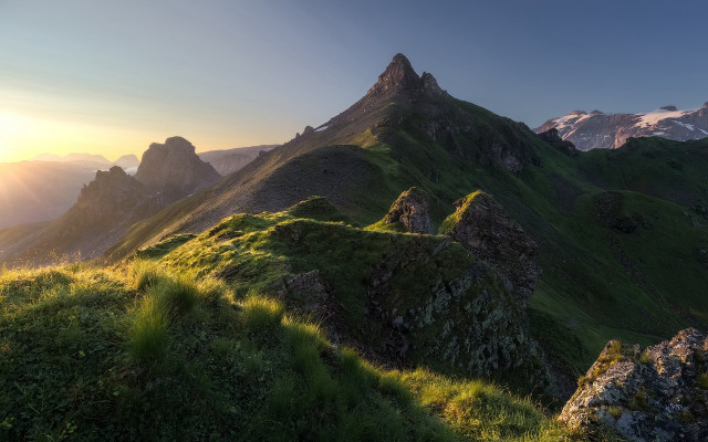 Mountain sunset grassy field lake free wallpaper - medium preview image