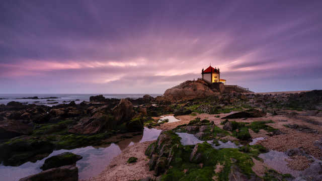 Lighthouse rocky shore purple sky #2 free wallpaper - medium preview image