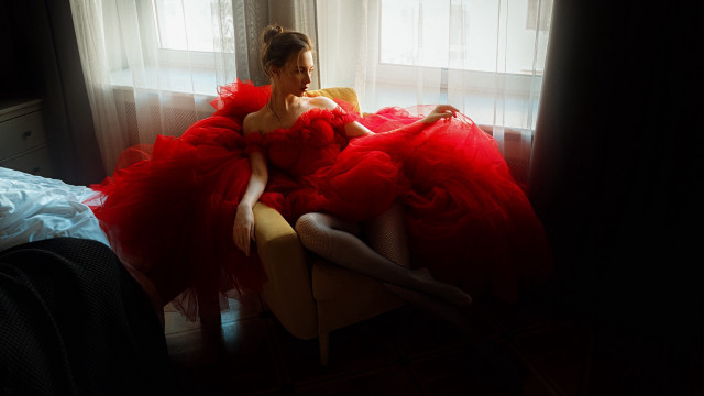 Woman red dress portrait curtains free wallpaper - medium preview image