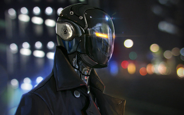 Cyberpunk man helmet gasmask city free wallpaper - medium preview image