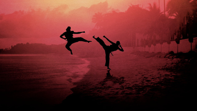Karate duo beach sunset silhouette free wallpaper - medium preview image