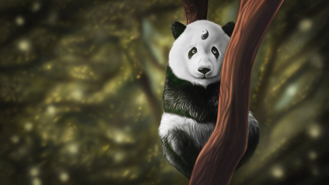 Panda hanging on branch fantasy free wallpaper - medium preview image