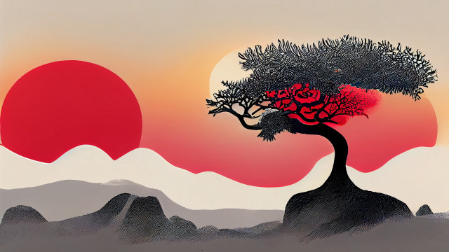Red sun tree mountains silhouette free wallpaper - medium preview image